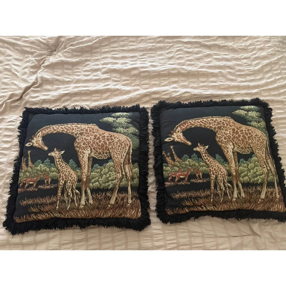 Vintage African Tapestry Throw Pillows, Giraffes, lot of 2